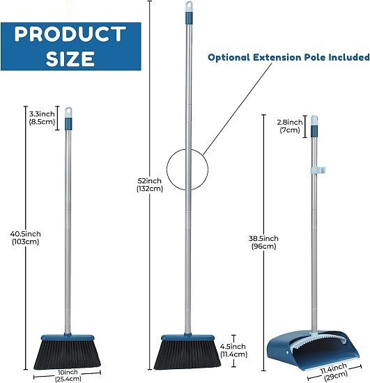 Upright Dustpan and Broom Set with 52" Long Retractable Handle
