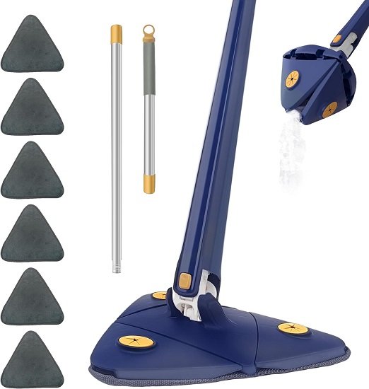 Mop Set 360° Rotatable Telescopic Adjustable Triangular Cleaning,  Wet Dry Shower Scrubber Wringer,(Blue)