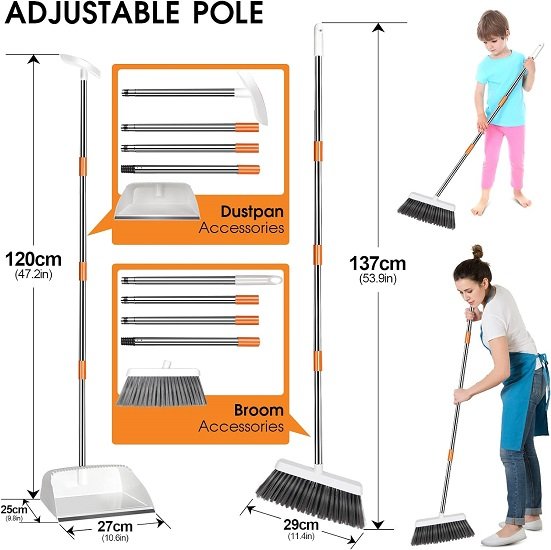 Broom and Dustpan Set, Upright Dustpan with 54" Stainless Steel Long Handle - White + Orange