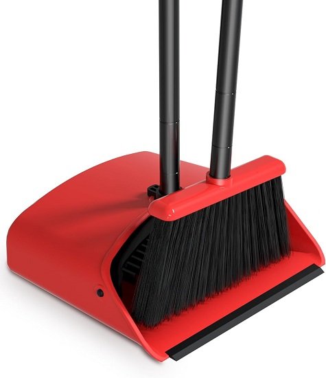 Broom and Dustpan Combo Set, Long Handled Dustpan and Brush Set - Red/Black