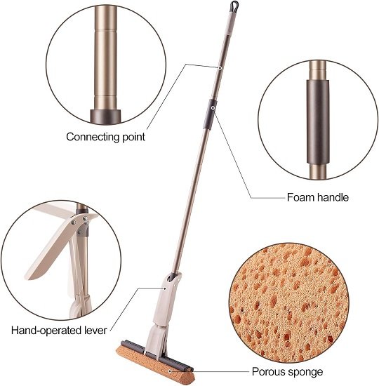 Sponge Mop for Floor Cleaning with 2pcs Absorbent Sponge Hands Free Wash Roller Mops