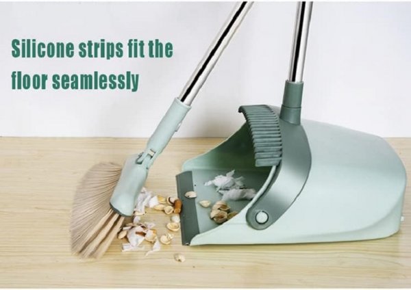 Broom and dustpan set with 180 degree swivel head, windproof dustpan comfort handle, sturdy stainless steel