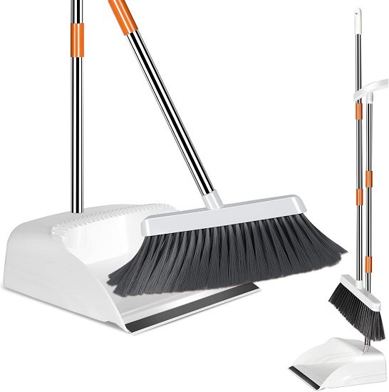 Broom and Dustpan Set, Upright Dustpan with 54" Stainless Steel Long Handle - White + Orange